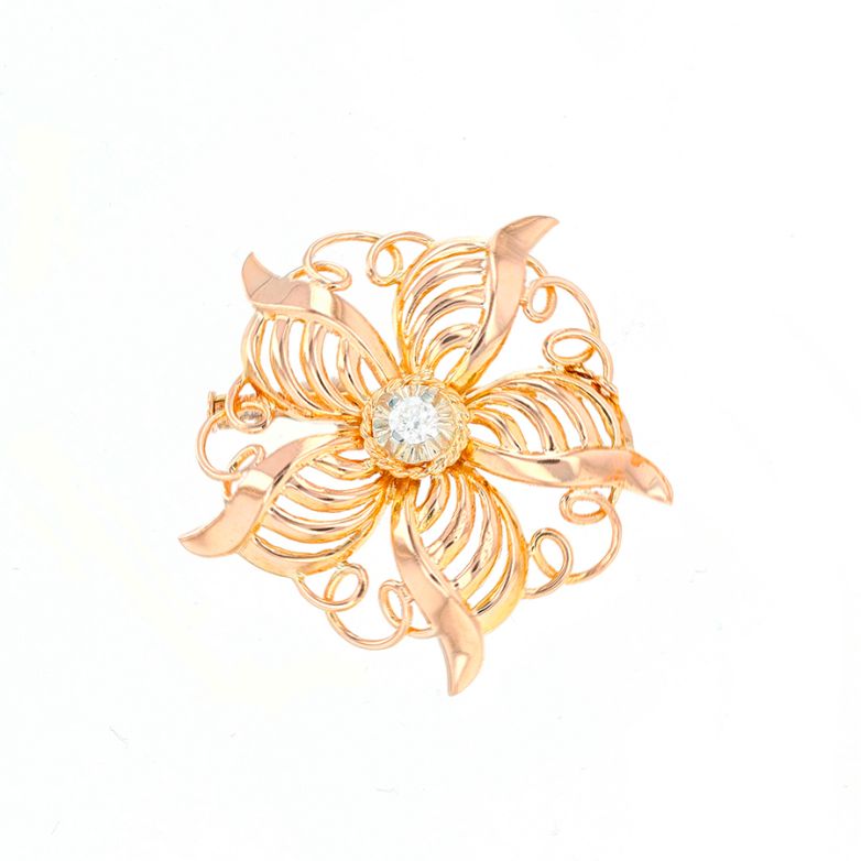 Broche vintage diamants 0.18 carat or jaune 8.89g